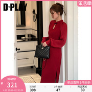 dplay女装新中式改良旗袍红色，盘扣连衣裙回门服国风长袖裙子女