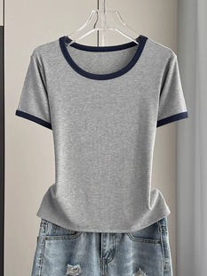 灰色休闲短袖t恤女2024夏季莫代尔螺纹大码宽松显瘦打底上衣