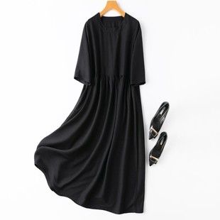 120cm加长真丝重磅绢丝，圆领八分袖黑色，连衣裙蚕丝大码长裙袍子