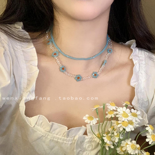甜美水晶花朵蓝色项链，女韩系夏季小清新颈链小众设计锁骨链项饰品