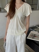 时尚洋气V领修身T恤女2024夏季韩版百搭显瘦飞飞袖短袖上衣