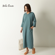 Mila Owen 秋季款日系时尚简约V领宽松显瘦七分袖纯色连衣裙女士