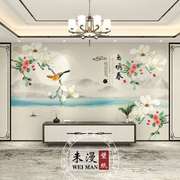 新中式墙纸电视背景墙壁纸沙发，客厅山水花鸟背景，墙布装饰定制壁画