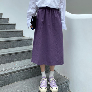 百思朵春夏日系工装香芋紫半身裙，女高腰纯棉松紧腰薯紫色中长裙子