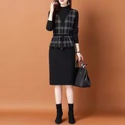 气质优雅拼接羊毛衫针织毛衣裙女秋季韩版中长款假两件系带连衣裙