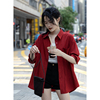 觅定复古红色衬衫女夏季防晒长袖衬衣，外套设计感小众法式上衣