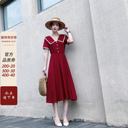 红色娃娃领连衣裙女夏季2024年收腰显瘦气质法式长款雪纺长裙