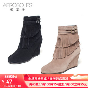 Aerosoles/爱柔仕靴子牛皮坡跟圆头流苏短靴女拉链1915605048