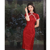 复合蕾丝新娘红装中长款短袖，旗袍2024夏季改良中式订婚旗袍裙
