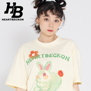 HeartBeckon汉贝克21夏奶黄泡泡小兔印花水彩短袖原创水墨圆领T恤