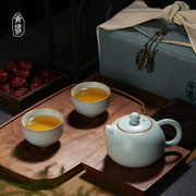 汝窑旅行茶具套装一壶二杯手工泡茶壶便携简约景德镇陶瓷中式