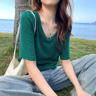 纯棉短袖t恤女夏季宽松2024年大领口，体恤显瘦绿色v领半袖上衣