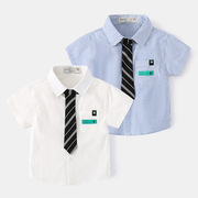男童短袖衬衣春秋款时尚小领带，中小儿童洋气，纯棉薄款衬衫童装
