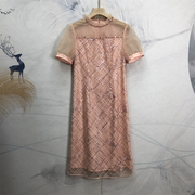 SZ高级定制拼接设计镂空双层亮片短袖连衣裙夏季洋气减龄长裙