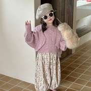 春秋韩版童装时髦女童针织毛衣圆领背心毛线开衫外套两件套装潮