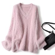 粉色针织衫女秋冬宽松风减龄气质长袖毛衣百搭纯色打底上衣