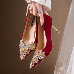 婚鞋新娘鞋红色高跟鞋夏季女2024不累脚，敬酒中式秀禾服结婚鞋