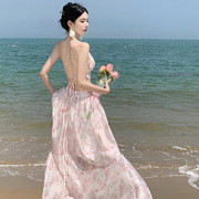 夏季海边度假沙滩裙气质仙仙裙吊带露背V领印花收腰吊带连衣裙女