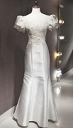 处理订婚婚纱白色礼服泡泡袖精致做工法式 鱼尾进口缎面 