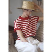红白条纹针织短袖T恤女夏季薄款法式海魂衫撞色正肩独特别致上衣
