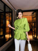 洋气舒适夏季套头上衣绿色蝙蝠袖丝光棉凉爽棉感收腰亮色小衫女