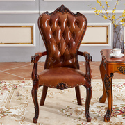 美式实木扶手椅子欧式真皮，艺术软包舒适餐椅，久坐椅书房家用电脑椅