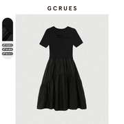 gcrues黑色短袖连衣裙女夏2024小心机设计感镂空针织拼接裙子