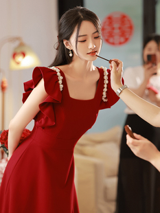 红色新娘礼服裙平时可穿法式小飞袖连衣裙女夏轻奢小众高端晚礼服