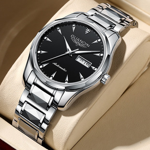 冠琴钨钢商务男品夜光手表机械，全自动瑞士双日历钢带国产腕表