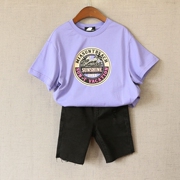 105-110，尚SUN*撤柜，儿童纯棉短袖蓝紫色T恤衫，男女童半袖上衣