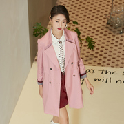 emoo杨门2024春装粉色风，衣女中长款外套，双排扣大衣纯色长袖