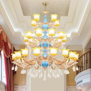 欧式别墅客厅水晶大吊灯复式楼锌合金法式蓝色楼中楼挑空跃层灯具