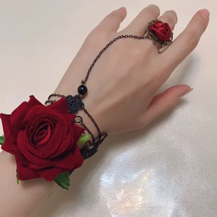 玫瑰手链戒指一体链酒红夸张手环个性演出配饰宽蕾丝女红色儿童