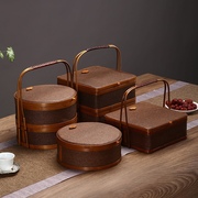 大漆藤编竹编提篮茶具收纳盒，仿古食盒中秋月饼，礼盒篮子圆形茶包装