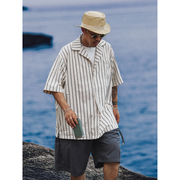 古巴领日系复古短袖衬衫男竖条纹外套夏季薄款上衣帅气情侣衬衣潮