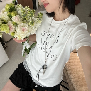 木马家 钉珠刺绣字母 下摆拼接蕾丝早春新款白色短袖T恤女黑色tee