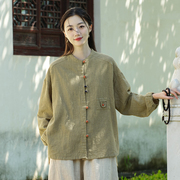 中式棉麻女装彩色盘扣衬衫，文艺亚麻上衣，茶服女禅意中山装国风开衫