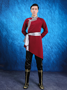 蒙古族男士半身舞蹈裙上衣裤子套装少数民族演出传统蒙古袍酒红色