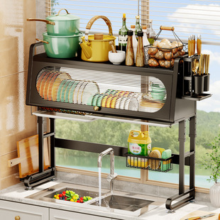 水槽置物架带柜门翻盖厨房，碗碟沥水架，收纳置物碗架可调节防尘碗盘