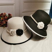 法式复古优雅草帽，赫本珍珠花朵渔夫帽，大檐海边沙滩帽遮阳防晒帽女