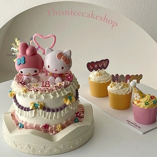 粉色kt猫生日蛋糕装饰摆件，hellokitty萌萌哒少女，心甜品台插牌插件