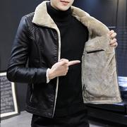 真皮皮衣男冬季修身韩版加绒加厚帅气短款机车男士，羊羔毛夹克(毛夹克)外套