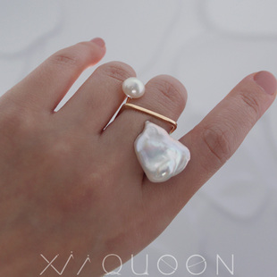 极简「蝴蝶」超大巴洛克双珠珍珠，戒指美国14k注金双珠指环可调节