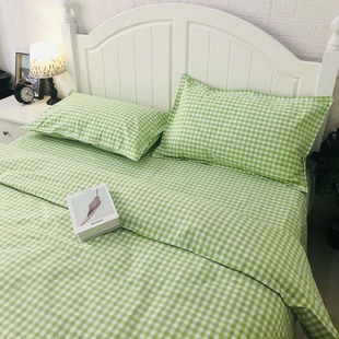 老粗布纯棉加厚绿色小格子床单被单被套三四件套家纺双人