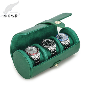 头层牛皮手表盒高档便携式真皮珠宝首饰包装盒三位装圆筒形