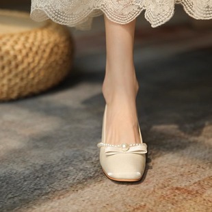 法式玛丽珍女鞋方头高跟婚鞋新娘鞋子粗跟浅口单鞋女2023秋季