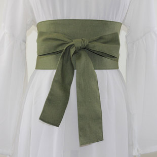 军绿色汉服束腰和风和服腰带，棉麻中式纯色宽腰封连衣裙蝴蝶结腰带