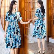 印花连衣裙潮流夏季复古韩版气质优雅圆领短袖，花裙子收腰长裙子