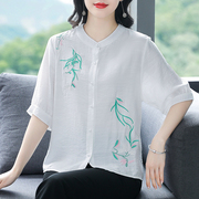 新中式国风白色棉麻短袖衬衫女夏季中年，妈妈大码胖mm高端亚麻上衣