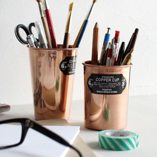 零选日本puebco复古红铜笔筒，办公室桌面收纳笔盒现代简约杯摆件